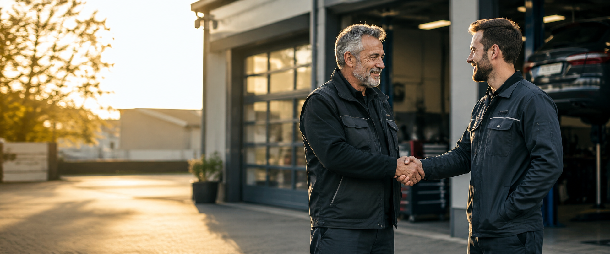 Two auto technicians in dark uniforms shake hands outside a workshop at sunset.