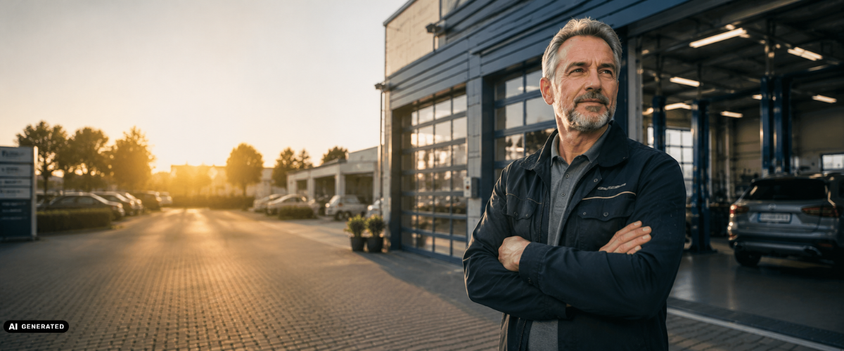 Older man with arms crossed stands outside a garage at sunset, looking confident. (informative portrait outside auto workshop)